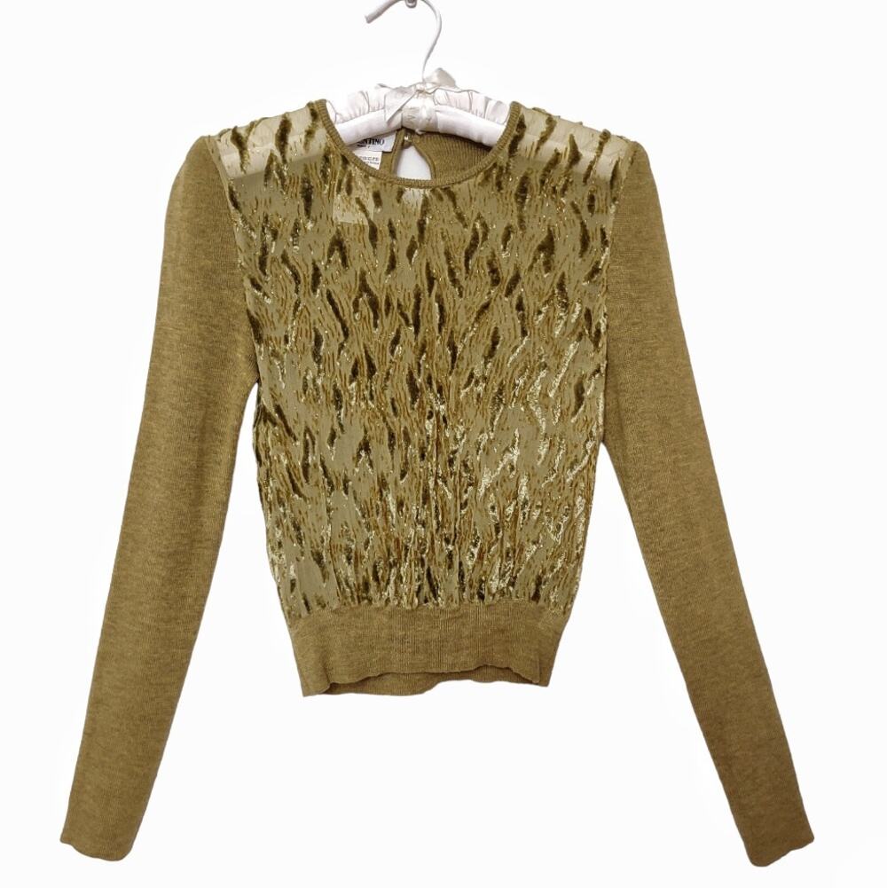 VALENTINO MISS V Mustard Green Sweater Size 8 Long Sleeve Velvet Mesh Petite